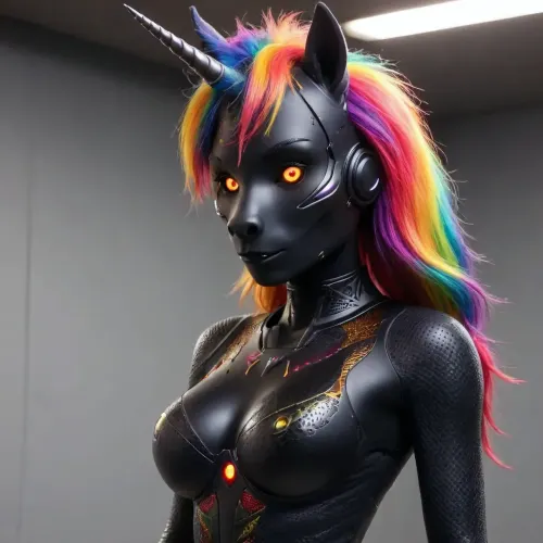 robotic, (((yiff anthro furry rainbow unicorn:2))), long straight red hair, (fully black robotic body, robotic cheek, glowing robotic eyes, huge robotic tits:1.3), hightech_robotics, <lora:bombshell_v2:.8>, <lora:hightech_robotics:.5>
