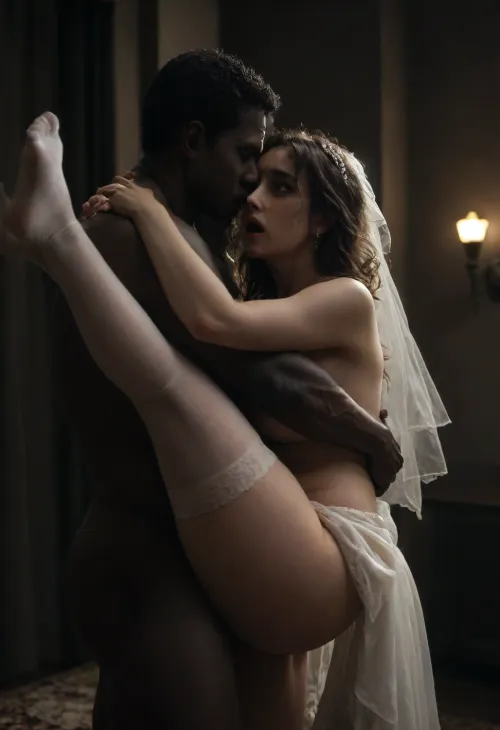 interracial, Persian plump bride, Innocent face, dark room, black walls, black curtains, hardcore, no electricity, no light, dark night, moonlight rays, blue shade light, ambient lighting, night, bent forward, huge black brutes fucking the bride in full nelson position, wedding dress, huge size naked black brute, orgasm., glowingdust, Secret photo, peeping, betrayal, candid photo, bokeh, stockings, PEOPShockedFace, shocked, face, popping, out, mouth, open, anime, cartoon, <lora:dark:.5>, <lora:nylons:1>, <lora:hinaMaybeBetterPoseXL_v5-NoobAI:.8>, <lora:PE_OP_ShockedFaceMeme:1>, Rainbowiridal, Spiral, rainbowiridal, eyes, palette, Shiny..., Bright..., Intense, gaze, Fire, dragon, Amber, cat, Anthro..., woman, Genetically, modified..., <lora:Stunning_eyes_2:.8>
