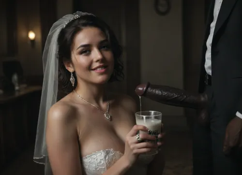 interracial, ((white cuckold husband in suit in the background is crying)), very large black penis, The happy chubby Persian bride in sexy wedding dress, cum driping bride's chain' cum driping from black penis, drinking sperm from transparent cup, there is glossy and sticky sperm in cup, cup full of sperm, cum swallowing, ((gokkun)), cum dripping from the corners of her lips, The woman holds the cup under the black cock., ((text on The cup is, "BBC Cum")), logo, text, sign, that, says, the, word, <lora:671410_training_data:.8>, <lora:dark:.5>, <lora:texta:1>, <lora:677862_training_data:.8>, happy, <lora:happy_v2:.8>