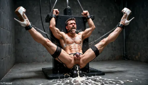 cold, dark, metal walls, metal doors, metal bars, 55 years old, gay men, black short haircut, wearing glasses, (black hair short hair), gay men hairy chest guy, xcross, from, front, behind, metal, padded, tied, sexmachine, restrained, bound, bdsm, anal, asshole, object, insertion, outstretched, arms, gay men with both hands above head straighten and tied on xcross metal board, cowboy, shot, dildo, sex, machine, sex-machine, squirting, peeing, masturbation, Stocks, Pose, Cuffs, on, Ankles, and, Wrists, 1gay men, spread, legs, cum, in, stationary, restraints, lingerie garter belt straps, satin ruffle gloves, open mouth, gay men wearing white high heels fetish platform stiletto shoes, pain and angry on his face, muscular sissy boy wearing white nylon shiny stockings, reveal his cock in a large metal chastity cage, ashamed, humiliated, wearing metal collar with padlock, penis locked in chastity metal cage device, pain on his face, screaming, (wet face:1.3), mouth full of cum, cum on face, gay men cock in metal chastity, wearing white satin push bra, gay men wearing shiny brown double band stockings, ((wearing satin white bra)), ((large white satin push bra)), wearing full lace black garter belt, wearing garter belt straps, gay men wearing large metal chastity cock device, lot of cum dripping from chastity cage penis, tears, crying, dripping cum from mouth, cum dripping on floor, massive cum ejaculation, legs tied, outstretched in the split position, legs large spreed in the split position, legs restrain with fixed stationary metal restrains, legs restrained with metal ankle cuffs above head to metal board, bondage, mechanism, sex machine in every hole, fixed, built into mechanism, built in arms and legs, large device, girl bound to device, arms and legs restrained inside, stationary restraints, mechanical restraints, painful anal, gay men inside device, arms and legs fixed inside, fucking machine, gigantic penis barely in asshole, gigantic veiny cock anal fucking, fucking gigantic cock, gigantic cock stretching hairy anus, gigantic dick fucking, tight hairy asshole, impossible fit tight anal fuck, gay men take penis in throat, deep throat, cum in throat, balls deep, blowjob, <lora:BondageXcrossV1--In Stocks Pose:.5>, big penis inside his ass, cum shot, swallowing cum, dildo device also in mouth, mouth stretched wide to fit massive dildo fucking machine device, ((thick saliva threads on mouth and dildo)), 4k, intricately detailed face, realistic face, ball, gag, his cock in chastity metal device, photo realistic, wearing glasses., <lora:sexmachine_XL_0_:1>, <lora:gagged-4e:1.6>