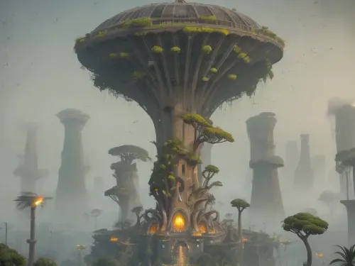 Bird's-eye view of a post-apocalyptic metropolis, ** Endless jungles of concrete and steel are swallowed up by nature, skyscrapers with collapsed facades and rusty beams ** have turned into vertical gardens, where ** giant ferns ** and creepers ** entangle cracks in the walls**, and** moss waterfalls ** flow down through twisted elevators*. The roofs are hidden under a dense canopy of oaks, palms, and glowing mushrooms, whose roots turn freeways into crumbling slabs dotted with rusty car frames and leaning streetlights.Collapsing bridges * \ hang over * \ overgrown canals, In the skyswift peregrine falcons * \ hunt **flocks of crows * \ circling over * \ the remains of stadiums, where * \ wild vineyards have swallowed up * \ the stands. *The setting sun * \ *breaks through * \ toxic \, yellow smog**by painting the foggy haze *in * \ *neon \, green **and **blood -orange * \ shades, and * \ bioluminescent algae * \ shimmer in * \ underground rivers **. metro .8K detail * \ highlights * cracks in the asphalt, peeling painton * \ abandoned tanks **, bird feathers scatteredon** alleys***, drops dew on ** cobwebs ** between antennas skyscrapers, * rusty rivets on ** pavements and cactus needles** piercing ** paving tiles**.\ ** HDR \ lighting \ ** enhances the contrast between \ *warm highlights * *on * cheetah skin ** and *cool shadows * *in * dungeon pits**, and \ *ray tracing * \ *creates * \ *three-dimensional fog * \ *that envelops * \ *the remains of a helicopter * on * \ runways*.Focus on a giant baobab tree sprouting through the planetarium dome, its ** snake roots \ * entwining \ * abandoned telescopes, and \ \ \ ** the background \ * dissolves into \ * fog with ash particles, ** Lossless PNG format \ ** saves \ ** ultra \, details, from \ ** on \ * monument debris ** to ** ice crystals on ** ice vaults ** in \ ** permafrost \ ** underground storage facilities. Nature didn't justwin— it* rewrote the DNA of the megalopolis, turning it intoa symbiosis of apocalypse and rebirth **.