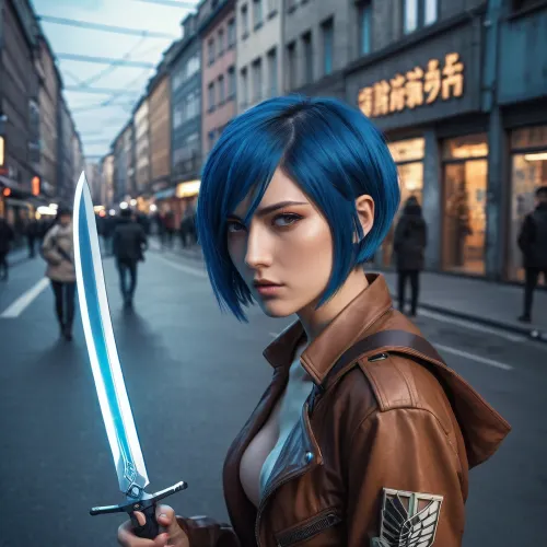 Hackerin NSFW style Attack on Titan, cyberpunk Berlin street, short blue hair, dynamic pose with blade, detailed manga style
