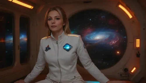 full body view, uniformed female Astronaut, solo, (50yo), float weightlessly in spaceship, perfect friendly face, looking out of window, slender, athletic, blonde, perfect eyes, Blue eyes, long hair, small breasts, (sweating:1.7), (wearing white space uniform:1.4), (open space uniform jacket:1.7), (wearing uniform), highly detailed futuristic bedroom on spaceship, LED lamps, low light, different screens, futuristic technic, round floodgate, big round window, (colorful Andromeda Nebula outside window:1.7), (low light cinematic:1.4), style, anchespaceroom, TIE, fighter, 4ng3l, face, breasts, cutout, clothing, nipples, <lora:SDXLHighDetail_v6-000005:.6>, <lora:Anchespaceroom-V1:.5>, <lora:TIE fighter:.5>, <lora:SDXL_BetterFaces-LoRA_v1:.2>, <lora:2BoutOvalSDXL2-000002:.7>