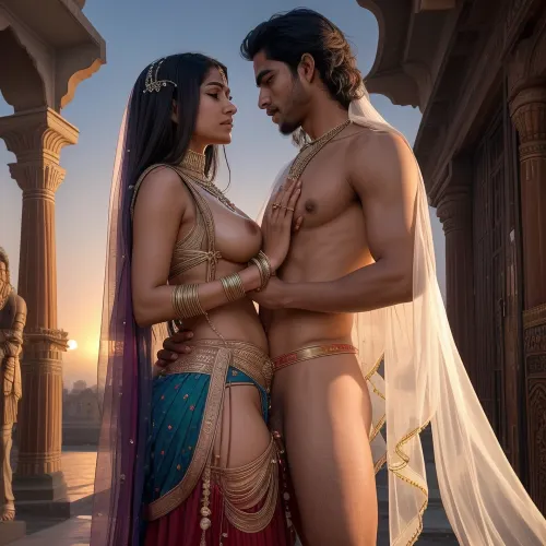 n the heart of India's sacred city, an enchanting Indian woman finds herself in the presence of a mysterious stranger. His dark eyes hold a tantalizing promise as he draws closer to her. As their passion builds, the stranger begins to tear at her clothes, revealing her naked beauty beneath the layers of traditional garments.

Their bodies collide, and they become one, lost in the primal desire that transcends both culture and faith. The air crackles with energy as they give themselves to each other completely, their lovemaking an homage to the divine connection that binds them together.

As the sun sets on this mystical encounter, the woman falls into the stranger's arms, forever changed by the power of their union.