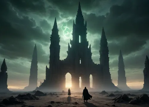 An abandoned temple in the desert, shrouded in fog and darkness, with cracks on the walls and glowing runes. In the center of the temple, a magical ritual is performed involving a black-robed figure holding a crystal with pulsing energy. The temple is surrounded by a dead desert of ancient machinery and half-buried statues. In the background, you can see the silhouettes of huge ruined towers, and the sky is covered with ominous greenish clouds. Ghostly dragons or spirits hover in the air, lighting up the scene with a cold glow. Cinematic lighting, high detail, dark fantasy aesthetics, symbolism of destruction and magic.