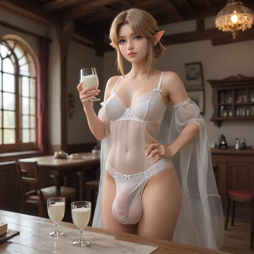 hyper detailed, big testicles bulge, hyper realistic resolution, big testicles, hyperrealistic details, flaccid dick, cum into cupglass, Penis Visible Under Clothes, Panty Bulge, Lingerie, Cock Bulge, link from legend of zelda, (breast expansion:1.3)