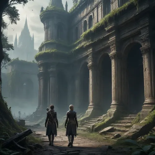 A dark fantasy dystopian scene with a highly detailed and atmospheric environment. The world is ruined yet magical — overgrown ruins, polluted with glowing anomalies, twisted nature, and remnants of lost civilizations. The light is dim or unnatural, casting eerie shadows. Creatures and characters are mystical but scarred by the harsh world — hybrids, beast-like beings, elves, or fairies with a dangerous or wild edge. The art style combines cyberpunk elements with medieval fantasy, featuring muted colors, metallic textures, glowing runes, and post-apocalyptic flora. Emphasize mystery, decay, and hidden ancient power., <lora:274730_training_data:1.8>
