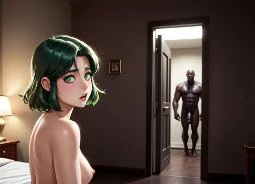 Asian Korean white skined woman with huge black African brute, interracial, moisture art, reiq art, dross art, short slim chubby woman, beautiful detailed face, big eyes. View through door. naked wife, fishnet stockings, close view, her legs up, scared face, bedroom, ((naked African brute on background)), man standing behind spreading her legs, before sex, she is sitting on bed, wet hair, hulk size black brute, tall man short woman, black men in the room, ((man pushing her to bed)), looking back, ((another white man stands aside, cuckold)), big black cock, Low-key, lighting, Style, dim, low, dramatic, partially, shadow, warm, light, style, pale, skin, absolutely, terrifying, love, emmaverde, frilled, green, bikini, <lora:M05_Intensify:.8>, <lora:Pale_Skin_SDXL_v1.0:.8>, <lora:absolutely_terrified:.8>, <lora:love:.9>, <lora:emma_verde_v2:.8>