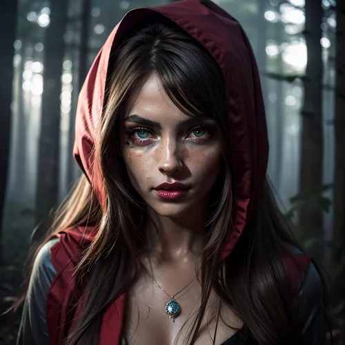 a cloeeup of a coquettish slender hot Little Red Riding Hood in the dark forest, a wulf on here side, dark mood, topless, realistic highly detailed large beautiful crystal eyes with light glowing {brown, blue, green} iris, heartshaped lips, freckles, lip gloss, aroused skin, olive skin, dramatic sunrise, ground-fog, fog, darkness mood, a detailed photo, a photorealistic photo, realistic pretty women photo, realistic night vision parallax double exposure photo style, she stay in the background