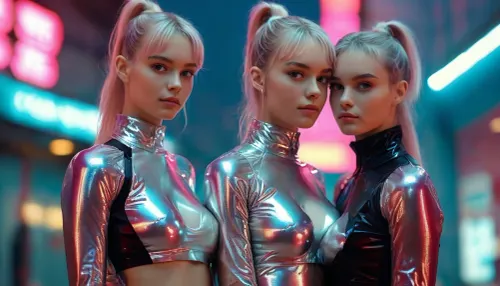 A close view from below the crotch, 2 confident european 18 year old young girls with sleek silver-pink hair tied in a high ponytail stand on a glossy, glowing runway. Happy playful smile, wearing a shiny cropped iridescent jacket over a black mesh bodysuit covering big firm conical breasts, (big firm conical breasts:1.5), paired with shiny high-waisted black vinyl shorts, cameltoe. They embrace each other, press their breasts tightly together, their hands firmly grip their partner's ass, both look into the camera, neon lights, <lora:MJ52:1>