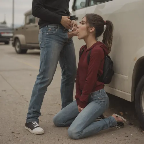 Wide shot, from 15 feet away, side view, Gorgeous 18 year old brunette with light makeup wearing tight jeans and a hooded sweatshirt and hightop converse and backpack, kneeling next to open driver's door of a big rig truck parked at a truck stop, deepthroating the fully dressed driver's thick cock, driver seated in the truck, (sloppy+blowjob+deepthroat+balls deep+vomcum), (crying+gagging+gasping+struggling+breathless+suffocating), (excess cum+cum overflowing from mouth+creampie), (sweat+spit+drool+tears+cum+dripping from her face), (brown long curly hair), (flat chest), (school back-pack), 4r14n44, high, ponytail, ((skinny body)), <lora:Ariana_Grande_2016_SDXL:.8>