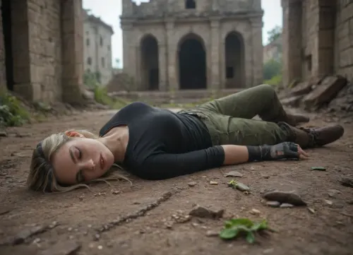 A dramatic scene showcasing a beautiful 25 year old female archer, (character:1.2), (((lying supine flat on her back on the ground))), in a gritty, ruined environment, conveying a narrative of fall and resilience against suggesting conflict or danger, (emotion:1.2), (((supine))), Eyes closed, arched back. The character has long blonde hair, wearing olive green pants and hiking boots, fingerless leather gloves. The setting is dark, with stone ruins and earth tones, creating a somber atmosphere, while soft, diffused lighting highlights the foreground character, (lighting:1.2), . Aim for a cinematic composition, focusing on depth by using a low angle to emphasize the foreground character and a blurred background, (focus:1.2), (((gravitas)))