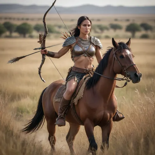 a warrior amazon armed with bow and arrow rides on a horse through the steppe full of tall grass