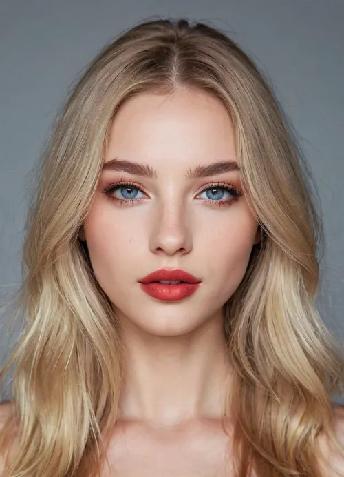 (masterpiece, best quality, photorealistic, ultra-detailed, highres, soft lighting), 1girl, 18 y.o., Estonian, slightly elongated face with refined features, thin straight eyebrows, oval grey-blue eyes with long eyelashes, straight nose with delicate tip, very plump glossy lips with red hue, prominent cheekbones, soft chin, pale skin with light blush, no freckles, straight white teeth, bold makeup with smoky eyeshadow and bright lipstick, centered face, symmetrical, teasing glance, long straight ash blonde hair framing face, in a softly blurred gradient background, <lora:add-detail-xl:2>