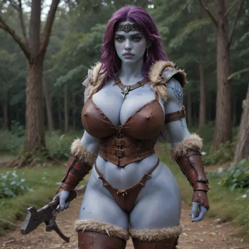 female drow elf barbarian, baldur's gate, dnd, bg3, tall, angry, busty, curvy, huge natural boobs, cleavage, big butt, fit, strong, fur pelt armor, dungeons and dragons, purplish blue skin, black and purple hair, Dark, Elf, Warrior, <lora:Dark_Elf_Warrior:.8>, tattooed, scarred, purple eyes, blue skin, amazon, giant, fur barbarian armor, bloody, blood spatter, zavy-brbrn, <lora:zavy-brbrn-sdxl:.8>, leather headband, Drow, <lora:Drow:.8>, 1girl, pretty, fierce, massive natural tits, scarred face, scarred body, ripped armor, ripped clothing, muscle_bimbo, <lora:Muscle_Bimbo_SDXL:.8>, large, breasts, big, boobs, huge, tits, <lora:bombshell_v2:.8>, drow, massive tits, massive ass, bimbo