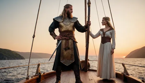 Man, Scandinavian warrior, Viking in full gear, long sword on his belt, stands on the deck of a drakkar, (Scandinavian warship), the bow of the ship is made in the form of a high-raised head of the dragon, ((embracing a girl in Slavic dress)), fjord at sunset, full body in the frame, full body is visible, ((side view)), full-color image, super detailed image, 8K quality