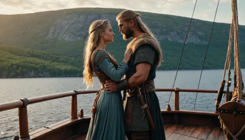 Man, Scandinavian warrior, Viking in full gear, long sword on his belt, stands on the deck of a drakkar, (Scandinavian warship), ((embracing a girl in Slavic dress)), fjord at sunset, full body in the frame, full body is visible, ((side view)), full-color image, super detailed image, 8K quality
