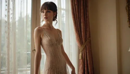 Photorealistic, wide angle, full body view, anorexic, brunette with a fringe, Intricate details, warm colors, by Greg Rutkowski, Imagine this, soft moonlight spills through the sheer curtains, catching on the delicate pearls that trace the curves of her skin. Luminous gems sparkle like captured starlight against her throat, her wrists. She moves with a tenderness that both soothes and ignites, her gaze holding a silent invitation. This isn't just beauty, it's a private sanctuary, a moment suspended in time, waiting for you to step into its embrace. Can you resist the pull of such ethereal allure?, sheer, dress, (nipples:.8), fishnets, See, through, clothes, <lora:See_through_clothes_FLUX:.8>