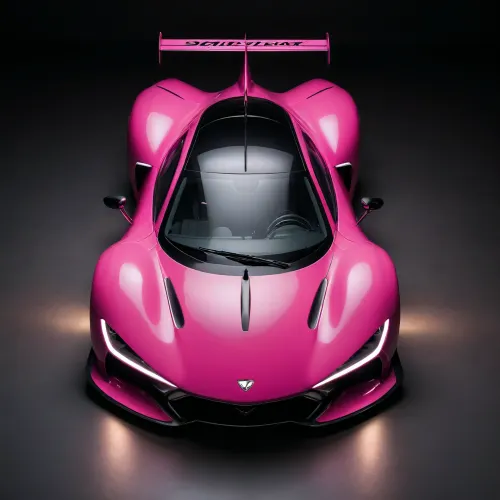 masterpiece, best quality, ultra-detailed, 8K, photo-realistic, full body, from front, from above, symmetrical shapes, cyber world, metallic pink and black racing_car parked, round_shaped headlights, shark-fin, big rear-wing, wing motif design, white_line-decoration, (Dassault Rafale:.5), (simple black background:1.2), under lighting, neon light on floor