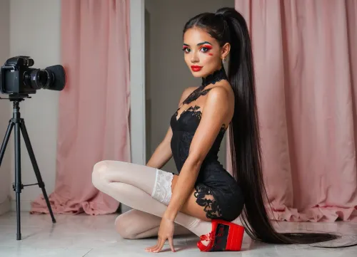 strikingly beautiful woman, slender, very cute tall, (very small breasts), beautiful eyes, open eyes, narrow shoulders, beautiful, attractive, natural beauty, slim latina, very very very long black straight hair, high ponytail, ((black short lace dress)), ((white lace stockings)), ((red platform shoes)), rainbow makeup, deep red lips, ((in her pink room)), he crouches with legs wide apart, with camera in hand, (((he is holding a foto camera in his hand))), whole body visible, delicate smile, (best quality), (realistic, photorealistic), (high detailed skin), soft lighting, sharp focus, high quality, beautiful proportions, (wide hips), thick, thin arms, natural light, vulnerable, innocent, sexy