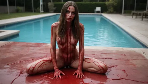 a horor-syle image of a coquettish woman with very long hair, blood, sculpted out of candy, human bodies intertwined, scribbled lines, surrender, polychromatic, anthropomorphic, humanoid, she looks to side, in the blackbox, ((weightless)), (she kneels), (((a pool of blood)))