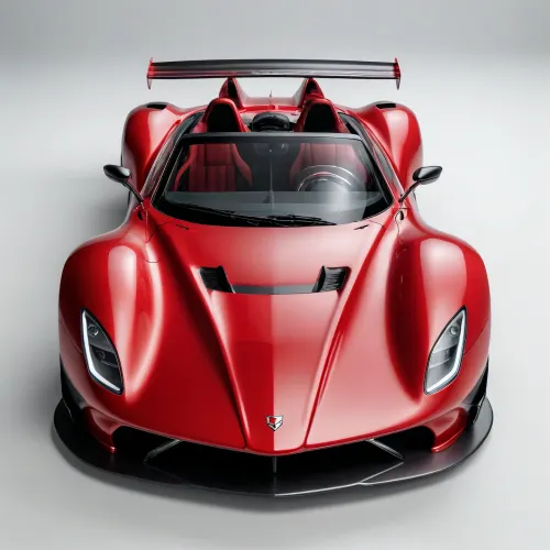 masterpiece, best quality, ultra-detailed, 8K, (photo-realistic:1.3), full body, from front, symmetrical Edged shaped car, metallic Red Convertible prototype racing_car parked, Black brush-line decoration, large rear-wing, front-wing, winglet, shark-fin, Muffler on the upper rear surface, (simple white background:1.2), under lighting, neon light on floor, no_human