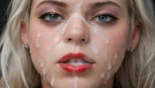 (Macro photo), (extreme close up:1.2), front view, Photorealistic, high resolution, professional photography, close-up of lips, zoom in on lips, red lipstick, short smooth blonde bobcut hair, topless, cum dripping from chin, tongue sticking out, black background., (Cum details), realistic cum, Prominent cum, (white cum:1.7), cum on, (Cum flows:1.2), (cum on body:1.3), cum on head, (cum on face:1.3), bukkake, ((body covered with semen)), cum, face, Face covered in cum, (A lot of cum:1.5), <lora:JustCum:.9>, <lora:cum_in_eye_deepmind:.9>