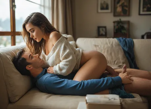 score_9, score_8_up, score_7_up, score_6_up, beautiful face, (college couple hooking up on a dorm room couch), 1man, 1woman, (((69 position:1))), (couch), ((man laying sideways on couch)), ((man's face buried between girl's thighs)), propped up by the couch arm, ((girl straddling Man's face)), ((girl sucking cock)), ((blowjob)), cunnilingus, girl with fit figure, (girl wearing oversized sweater only), chunky knit sweater, (overflowing cleavage), (sweater falling off shoulders), medium hanging breasts, one nipple peeking out, girl wearing no pants, man wearing unbuttoned Oxford shirt, hard cock pointing up, window, (third-person perspective), (side view), ((fully clothed)), fashionable, perfect body, long haired girl, (horny expressions), morning sunlight, (((perfect anatomy))), (realistic anatomy), ((realistic pose)), <lora:attractive_notrigger:.4>, <lora:MJ52:.7>