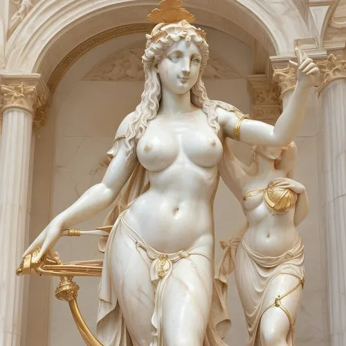 a marble statue of Aphrodite, her clothes have fallen down, she stands beautiful, naked, her hand is raised and holds an apple, and in her other hand is a lyre. The entire statue is made of marble, close-up