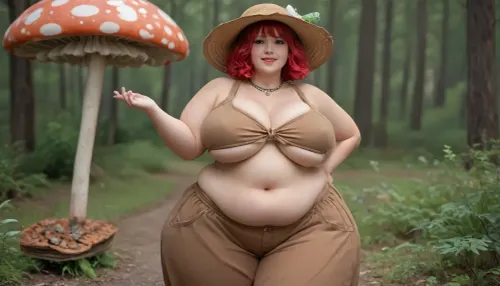 Cute chubby woman, (massive shallow flst soft breasts:1.3), (plump:1.3), chubby belly, (hyper hips:1.3), massive ass, happy, leaning on a giant mushroom, styled red hair, pale white skin, (baggy brown clothing:1.4), underboob Cute chubby woman, (massive shallow flst soft breasts:1.3), (plump:1.3), chubby belly, (hyper hips:1.3), massive ass, happy, leaning on a giant mushroom, styled red hair, pale white skin, (baggy brown clothing:1.4), underboob
