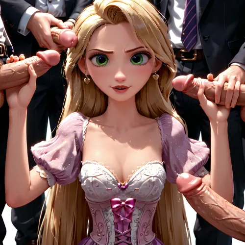 Rapunzel, sexy lace clothes, erotic, 7 dwarves with very big dicks, masturbation, handjob, <lora:princess_xl_v2:.8>, <lora:xl_more_art-full_v1:.8>