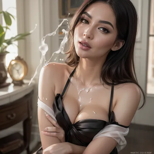 over-detailed professional photography, masterpiece, epic photorealism, DSLR camera, best quality, best resolution, uhd, perfect composition of lights and shadows, dynamic, the brightest image, clear focus, depth of field, 32k, 30 mm lens, ISO 300, ultra realistic, high detail, sexy professional photo shoot for magazine. Vibrant lighting, 32k quality, cryatal clear image., ((View of chest only)), (((no head in picture, from shoulders down)), close up of 30 yo spanish woman's cum covered clavicle, (sexy black satin blouse), (thick white string cum, ejaculation, taking, a, cumshot, her, woman, cum, on, face), (lots of cum.realistic cum.))