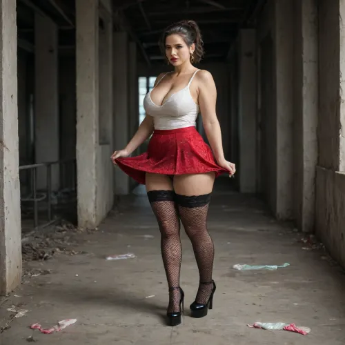 Milf, 35 years old, curvy body, plump lips, bright red lipstick, black hair pulled back in a short ponytail, voluptuous breasts, black tights with a pattern, fishnet panties, high-heeled shoes, red flared skirt, in an abandoned building, a lot of garbage, a lot of used condoms, bent cancer, <lora:220437_training_data:.8>