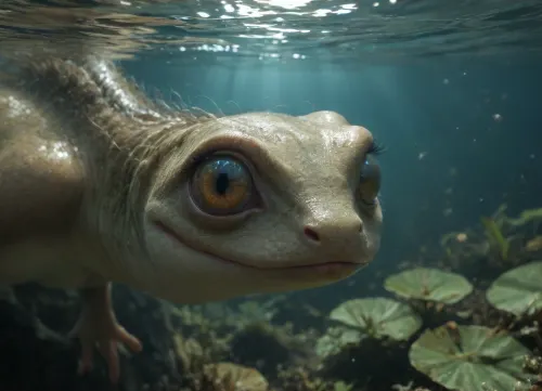 A 22-year-old fantasy amphibian hybrid female swimming deep underwater in a blackwater river. She is clearly not human — her body show strong amphibian traits. Her skin is smooth, slightly moist, and textured like a frog’s — with faint mottling in shades of blue-green and pale turquoise. She has large, round eyes with vertical slit pupils like a reptile or frog. On the sides of her neck are visible gill slits that open and close rhythmically as she swims.

Her fingers and toes are fully webbed, helping her glide through the water with powerful strokes. Her arms and legs are strong and streamlined, adapted for fast underwater movement. She has long white hair that flows around her like ghostly tendrils, floating naturally with the current.

She is mid-swim, arms extended forward, legs kicking gracefully — full motion pose. No static standing or floating — she is actively propelling herself through the dark amber-colored water. The light filters softly from above, casting golden rays through the tea-colored river.

Around her, glowing jelly-like organisms, translucent fish, soft bioluminescent plants swaying slowly in the current. Ethereal lighting, fantasy art style, high detail, immersive underwater atmosphere., close-up, cowboy, shot, high, angle, skinny, body, <lora:Cool Hong Kong Girl SDXL:1>