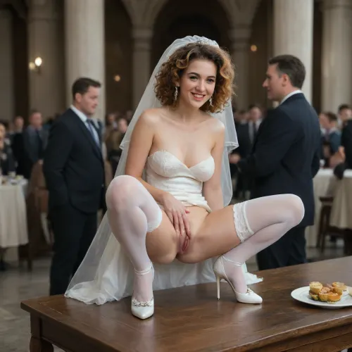 Drunk bride lies on her back on a banquet table, big saggy tits, orange curly hair.She laughs merrily, (happy:1.5), she is wearing a wedding dress, white stockings and stiletto shoes. The hem of the dress is pulled up. The legs are spread apart and hanging off the table. A very hairy vagina is on display. The groom is on his knees and licking the bride's pussy.He makes the bride cunnilingus.A crowd of suit men near the table are waiting in line to taste the bride, <lora:sd_xl_dpo_lora_v1:.8>, realistic, film, photography, <lora:realistic_film_photography:.8>