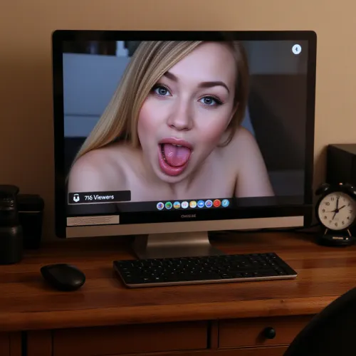 only a computer screen is visible taking up the whole picture, A computer screen on a rustic desk showing a cam show like on chaturbate.

the screen shows "a huge breast bimbo, ahegao face, mouth wide open, tongue out, roll eyes", A caption on screen says "716 Viewers", score_9, score_8_up, score_7_up, UHD 8K, masterpiece, best quality, extreme realism, cinematic still