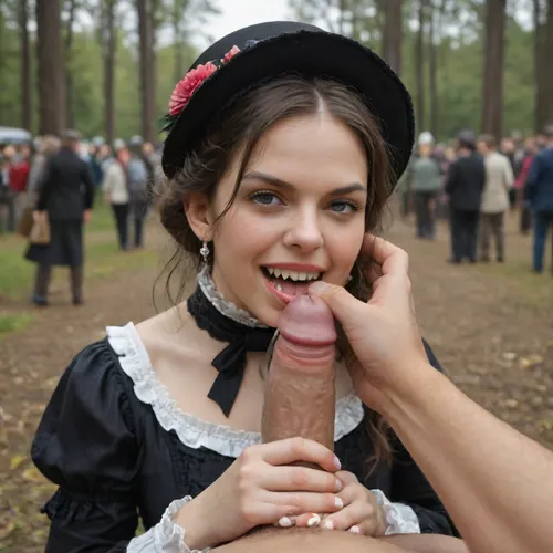 pov, young british girl, grab cock hard with both hands, ((very long fangs, strong bite half of cocks head:1.3)), ((angry:1.2)), ((visible long perfect fangs)), forest, castle far away, victorian style hat, victorian style dress, big crowd girls, full body view