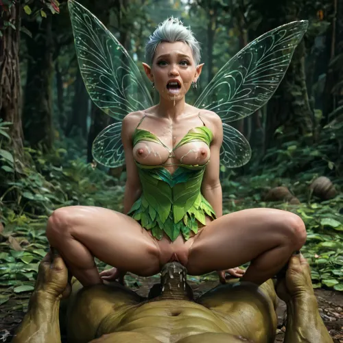 ((disney fairies, disney, disney cartoon, silvermist)), ((disney cartoon style)), ultra quality, silver hairs, (rainbow fairy wings), detailed face, slim body, ((((big_ugly_monster)))), ((((orc_male)))), (small_size_difference), ((huge_penis)), vaginal, (((cowgirl style))), ((cum in pussy)), semen in pussy, ejeculation, ((cum in mouth)), semen ejeculation from penis, (semen on face), (semen on breast), ((torn clothes)), ((fairy outfit)), visible breast, full body shot, forest, face fix, <lora:princess_xl_v2:.9>