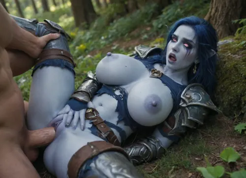 World of Warcraft, Sylvanas, massive tits, beuty girl, huge boobs, orgasm, sex, detailed face, forest, torn clothes, night elf girl, missionary, darkblue skin girl