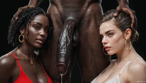 black african man, absolutely black skin, deep ebony skin, African, Nigerian, Nubian, (((absolutely black skin))), short straight black hair, red spandex top, showing his massive 25 inch erected penis to 3 curvy white women wearing black lingerie, precum dripping from penis, black room, black background.