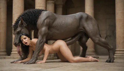 Queen Cleopatra fucking a monster, moaning, zoophilia, beastiality, excessively hairy bush, dense long pubic hair, excessivepubichair, full body view, ancient Egypt, <lora:253562_training_data:.8>