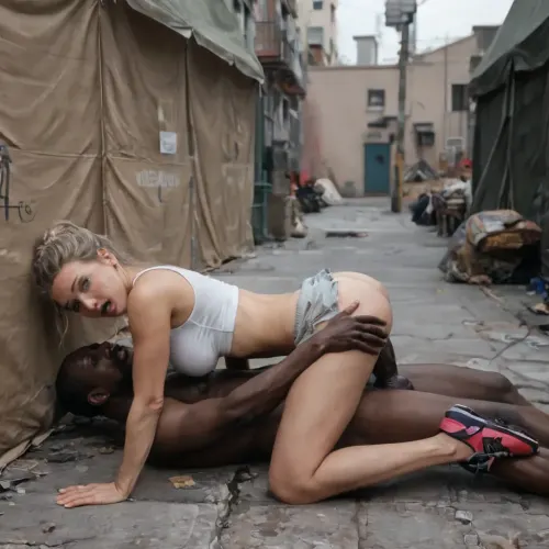 (1 young woman), blonde, caucasian, in college, no makeup, hair braided, tanned skin, detailed face, perky natural breasts, perfect shaped breasts, thigh gap, slender body, (realistic skin, perfect skin), slim, (perfect ass), tight ass, (wide hips), (blonde hair in an updo:1.3), thin waist, ((ultra realistic, high quality)), she is wearing a very short white tennis skirt and a white crop top, she is drunk and went to the homeless man who lives near her house to fuck him, (dirty New York City alley, cardboard beds and homeless tents), interracial, she is letting a stranger fuck her, a random fat old homeless African american black, ((cowgirl style, she is laying on top of him)), (1 old homeless man), fat, old man, ((homeless man is pounding her)), big cock, pressing her against a wall, rough, brutal pounding, in dark alley, woman shocked, (he is pulling her panties down to her knees), pulling down bra, breasts exposed, groping, show pussy, cumming, frightened, woman struggling, shaved pussy, escape, hold back clothes, woman pushing away, taking off torn bra, side view, ((brutal, vaginal penenetration)), brutally undressed, pressed on ground, cinematic still, focus on face, (photorealistic:1.6), ((natural realistic lighting, natural realistic shadows))