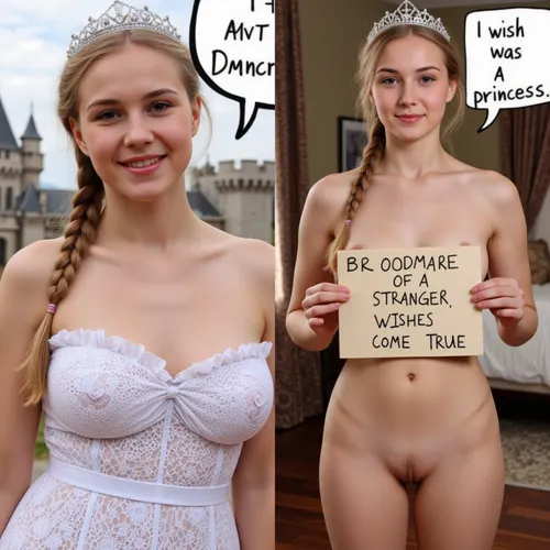 side-by-side two pictures of a young Scandinavian, slim, woman, with blonde hair, french braid. On the first picture on the left she wears a ruffled-lace-dress, standing in front of a castle, speech bubble "I WISH I WAS A PRINCESS". On the second picture on the right she stands naked in a castle bedroom wearing a tiara, holding a handmade sign with text "BROODMARE OF A STRANGER, WISHES COME TRUE".