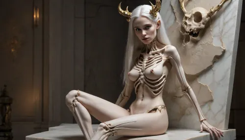 A digital artwork or graphic illustration presents a female figure with a skeletal structure. 
The figure is seated on a rocky, cracked, white marble-like surface. Her skin and the outer structure around her body appear to be cracked and white, resembling marble or bone fragments. A visible skeletal structure is subtly integrated into her body.
She has long, flowing, white hair and large, pointed ears. Large, dark horns are on her head, framed with gold-colored adornments. The horns form a halo-like structure around her head, which is emphasized by a bright, glowing, ring-shaped light around her.
The background is a light gray or off-white color, complementing the light and contrast of the figure. The whole image has a monochromatic or grayscale aesthetic with hints of gold accents. The lighting and composition create a sense of drama and ethereal beauty.