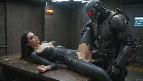 In a dystopian neon-lit city, a heavily augmented female android with glowing cybernetic eyes and body modifications is captured by a gang of ruthless mercenaries. They drag her into their hideout and lie her down on a metal table, ripping off her tight-fitting bodysuit to expose her perfect synthetic body.The mercenaries taunt and grope the helpless android, roughly squeezing her firm breasts and probing her artificial orifices. One of the mercenaries, a hulking cyborg with a, (metallic robotic phallus:1), steps forward and brutally penetrates the android's vaginal opening, causing her to spark and glitch from the force.The android writhes and struggles, her systems overwhelmed by the violent assault. The cyborg mercilessly pounds into her, stretching her artificial pussy to its limits while the other mercenaries watch with twisted glee. Her body is defiled and damaged by the relentless cyborgs.Tags, 1girl, 1boy, android, cyborg, vaginal, augmentations, bodysuit, torn_clothes, small breasts, large_insertion, cum, machine_oil, metal_table, hideout, neon, cyberpunk, style, <lora:compb0t:1>, <lora:CyborgMechExosuit_v1.5:1>, <lora:sdxl_cyberpunk:1>