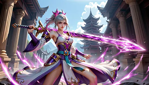 High Quality, Spirit Blossom Riven from League of Legends, dynamic view, perfect eyes, cowgirl, Silver Hair, High Ponytail, glowing purple eyes, slender body, Medium breasts, determined expression, battle pose, Night Time, purple Susanoo Spirit Armor, ultra detail, Wielding Giant Buster Sword, Wearing a One-Shoulder flowing robe adorned with a pastel palette, purple Spirit Aura, (((Wielding one Giant Buster Sword:1.5))), (((white One-Shoulder Kimono:1.1))), (((Susanoo Spirit Armor:1.4))), Japan temple background, Orgasm, Riven, League, of, Legends, Giant Buster sword, glowing, <lora:Riven_Sword-000009:.8>, brave, perspective, holding, <lora:brave-perspective:.8>, Wielding, sword, <lora:XL_Weapon_Sword_-_By_HailoKnight_2:.8>