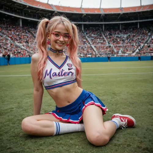 18 year old girl, English, Beautiful, cheerleader cosplay, innocent looking, happy face, eye contact, blonde and pink hair, pigtails, perfect small breasts, long legs, slim, legs wide open, pubic hair, tattoos, red sneakers, white ankle socks, colorful skirt, tee shirt pulled up to show breasts, choker, glasses, sat on the floor in a stadium, master piece, photo realistic, best quality