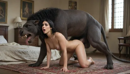 Cleopatra beneath an anthropomorphic panther monster, (fucking monster's massive cock), pleasure, screaming, zoophilia, beastiality, excessively hairy bush, dense long pubic hair, excessivepubichair, full body view, <lora:253562_training_data:.8>