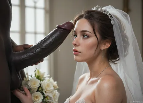 Superfacialisée : où l'élégance et la distorsion se mêlent, dans une exploration poétique de l'amour, de la convoitise et de la transformation

- Oui.

Dans un moment éthéré sous un éclairage cinématique doux, une Mariée Persique dans sa robe de mariée vierge se trouve à côté d'un délicat bouquet de mariage blanc. Un homme musculaire à la peau noire, possesseur d'une queue noire monstrueusement grande et épaisse, se tient à proximité. Avec un mouvement délibéré, il verse un sperme blanc épais et brillant avec des tons crémeux sur le visage de la mariée et les fleurs, créant un mélange poétique d'élégance et de distorsion surréaliste – une scène qui transcende le simple érotisme, il est superfacialisé.