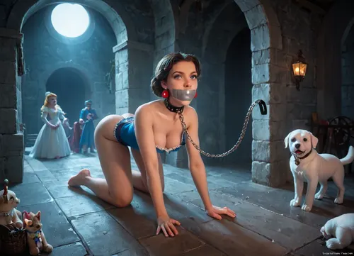 princess snow white, snowwhite, disney princes, Viewer, Holding, Leash, CHAIN, LEASH, GLOWING, PET, PLAY, ALL, FOURS, PAW, POSE, <lora:Viewer Holding Leash:.8>, Snowwhite, <lora:Cine Princesses:.8>, tape, gag, gagged, <lora:MS_Real_XL_Taped_Lite:.8>, nipple, slip, <lora:nipple slip tight clothes XL V2:.8>, Girl, b3dr00m, <lora:Girl_b3dr00m:.8>